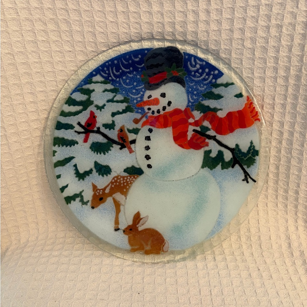 Peggy Karr Festive Fused Snowman Holiday Glass Plate 11” Diameter